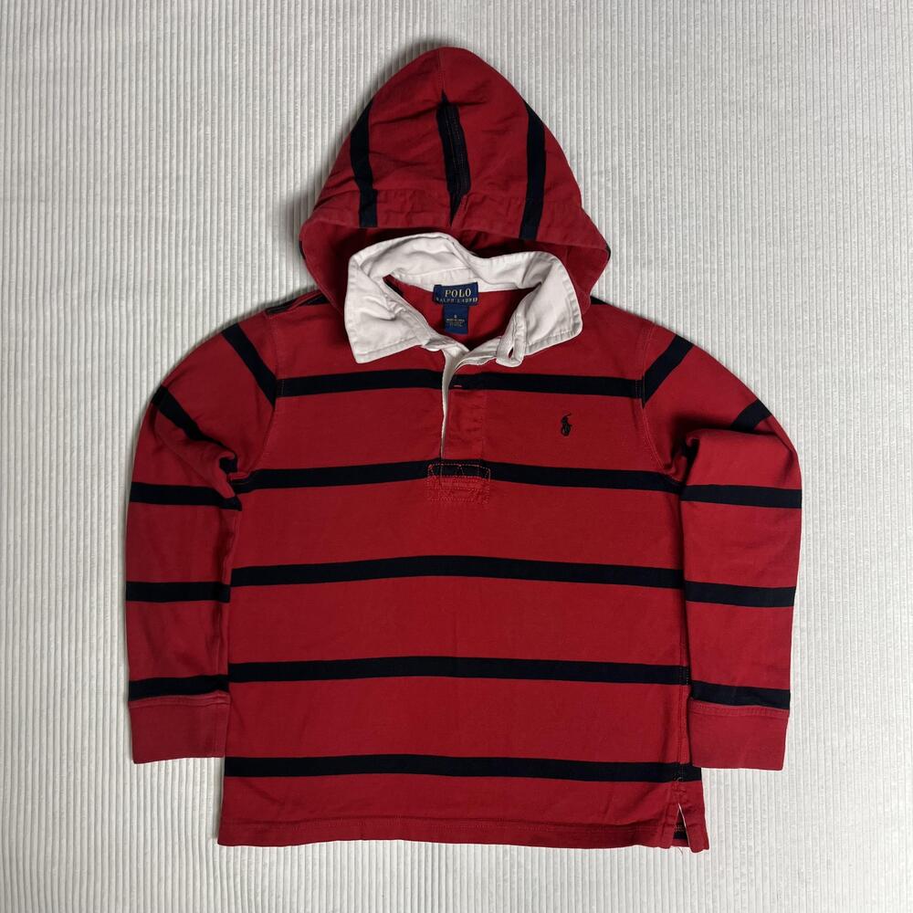 Polo Ralph Lauren Polo Shirt Boys 6 Red Stripe Hooded Long Sleeve Pony Logo